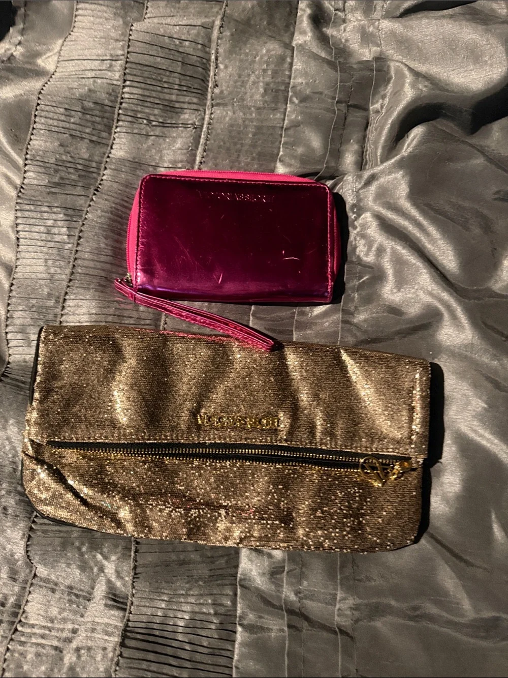 Victoria’s Secret Gold Glitter Foldover Clutch with Pink Metallic Wristlet Walle